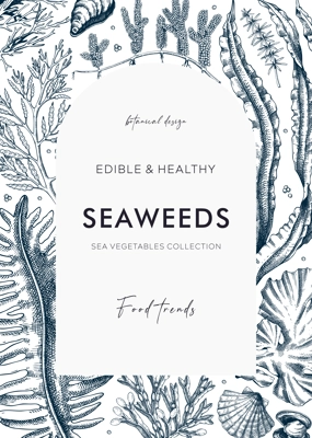 Edible seaweed card or invitation design. Sea algae in sketch style. Vector frame with kelp, wakame, kombu, and hijiki illustrations. Healthy food ingredients banner.